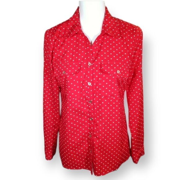 NOTATIONS RED W/ WHITE POLKA-DOTS BUTTON DOWN SHIRT SZ.S EUC - Picture 1 of 8